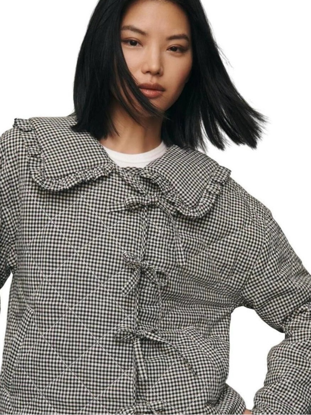 Maeve Black & White Gingham Quilted Tie-Front Puff Jacket Size XL